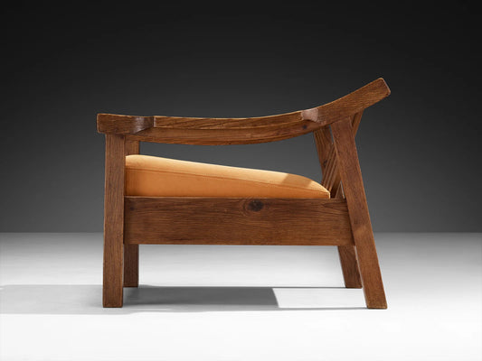 Brutalist Spanish Lounge Chair in Solid Oak and Warm Ochre Suede