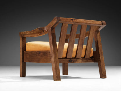 Brutalist Spanish Lounge Chair in Solid Oak and Warm Ochre Suede