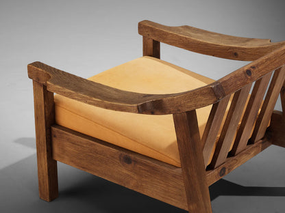 Brutalist Spanish Lounge Chair in Solid Oak and Warm Ochre Suede