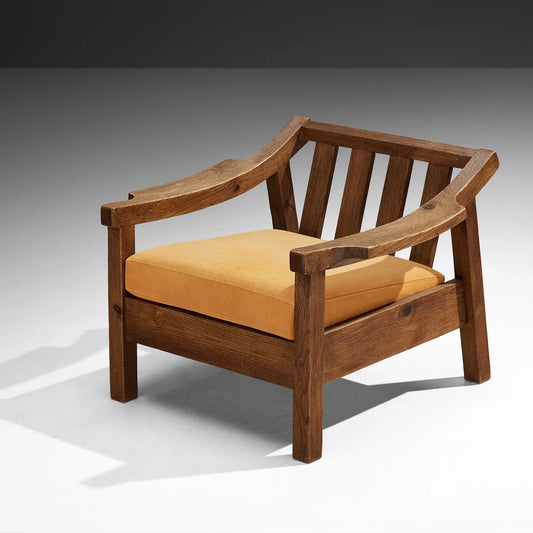 Brutalist Spanish Lounge Chair in Solid Oak and Warm Ochre Suede