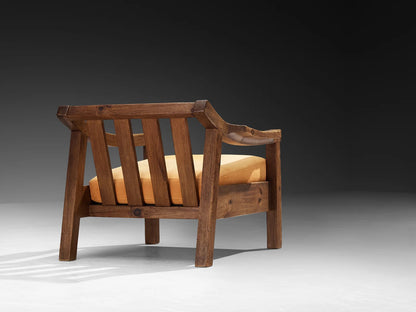 Brutalist Spanish Lounge Chair in Solid Oak and Warm Ochre Suede