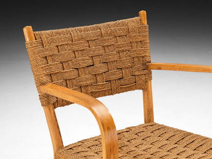 Italian Set of Four Armchairs in Braided Straw and Blonde Wood