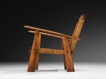 Rustic Pair of French Lounge Chairs in Rush and Wood