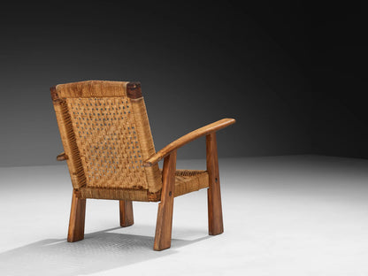 Rustic Pair of French Lounge Chairs in Rush and Wood