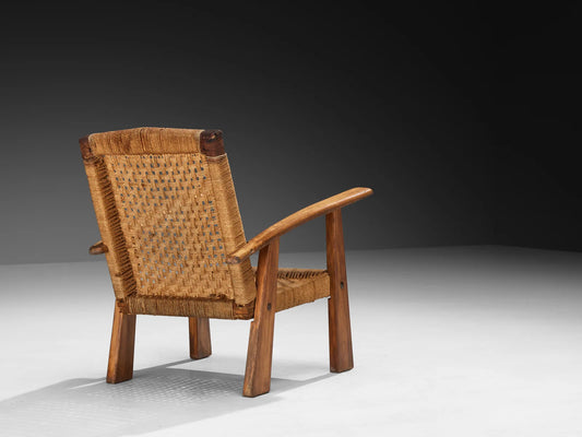 Rustic Pair of French Lounge Chairs in Rush and Wood