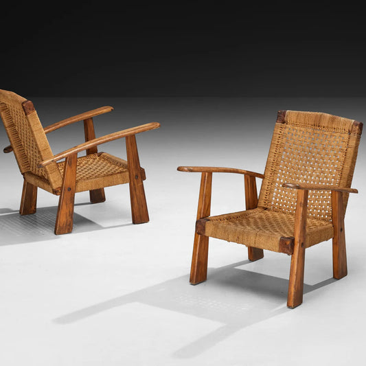 Rustic Pair of French Lounge Chairs in Rush and Wood