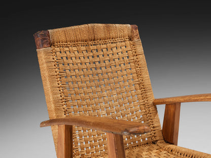 Rustic Pair of French Lounge Chairs in Rush and Wood