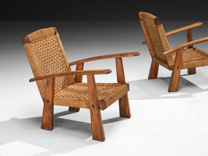 Rustic Pair of French Lounge Chairs in Rush and Wood