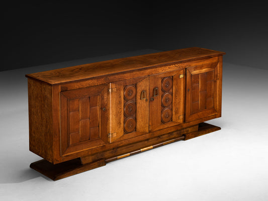 1930s French Art Deco Sideboard in Solid Oak and Brass