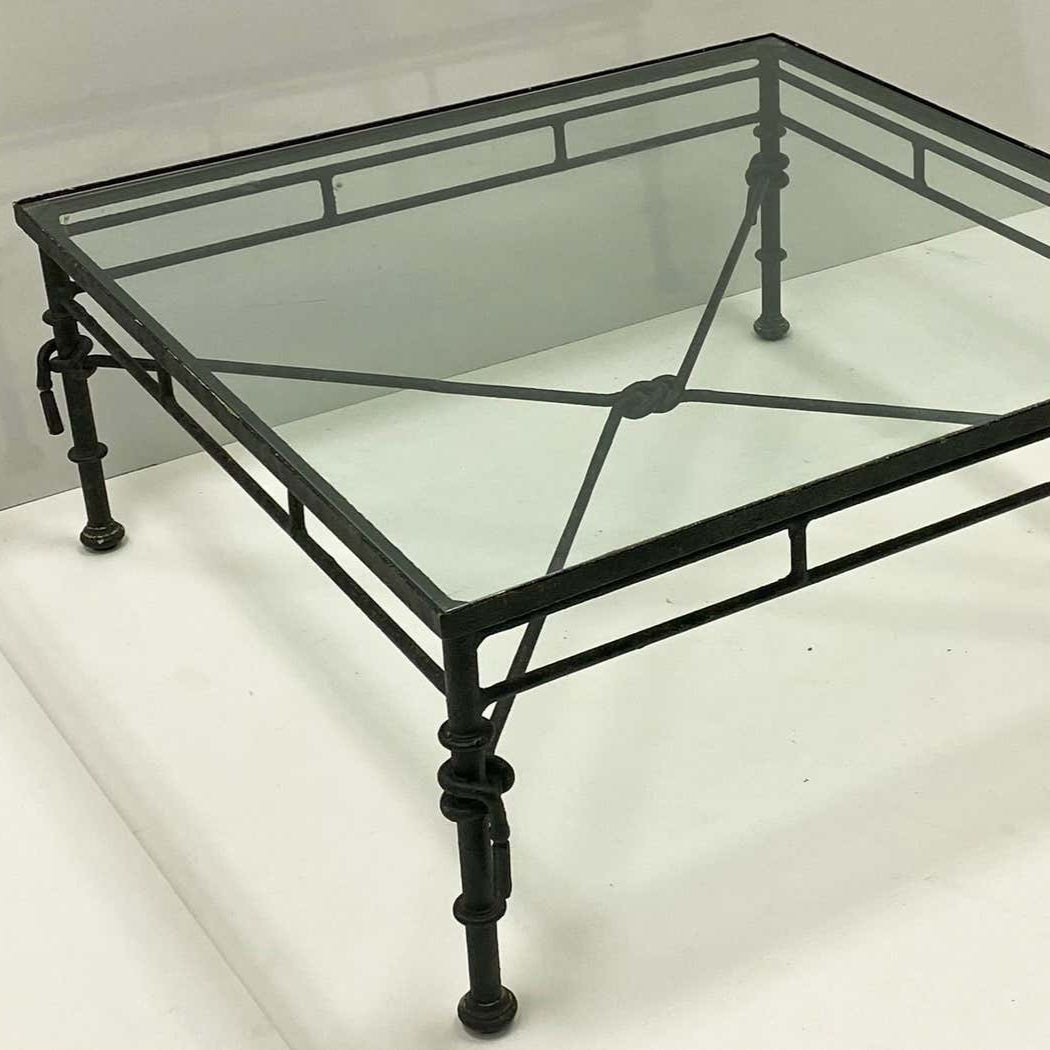 Giacometti Inspired Modern Rustic Sculpted Square Iron Coffee Table Glass Top