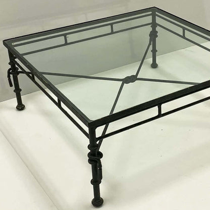 Giacometti Inspired Modern Rustic Sculpted Square Iron Coffee Table Glass Top