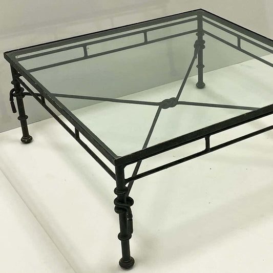 Giacometti Inspired Modern Rustic Sculpted Square Iron Coffee Table Glass Top