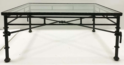 Giacometti Inspired Modern Rustic Sculpted Square Iron Coffee Table Glass Top