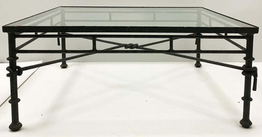 Giacometti Inspired Modern Rustic Sculpted Square Iron Coffee Table Glass Top