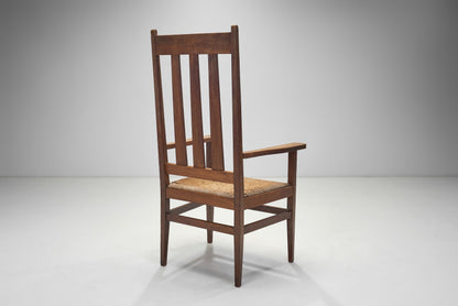 A Pair of Oak and Woven Rush High Back Armchairs, France 1940s