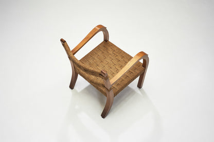 A Pair of Wood and Rattan Armchairs, Italy Mid-20th Century
