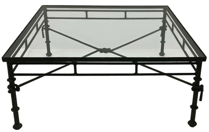 Giacometti Inspired Modern Rustic Sculpted Square Iron Coffee Table Glass Top