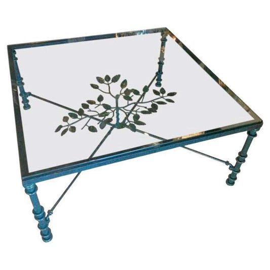 Giacometti Style Square Glass Top Iron Coffee Table with Verdigris Green Patina