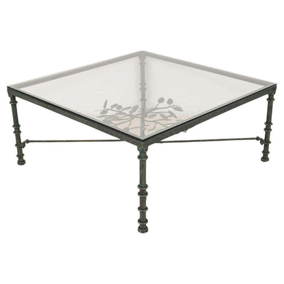 Giacometti Style Square Glass Top Iron Coffee Table with Verdigris Green Patina