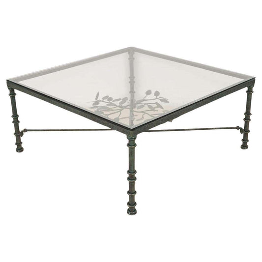 Giacometti Style Square Glass Top Iron Coffee Table with Verdigris Green Patina