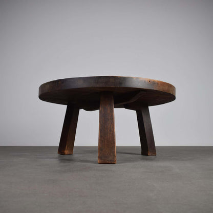 Round Brutalist Tripod Oak Coffee Table 1960s