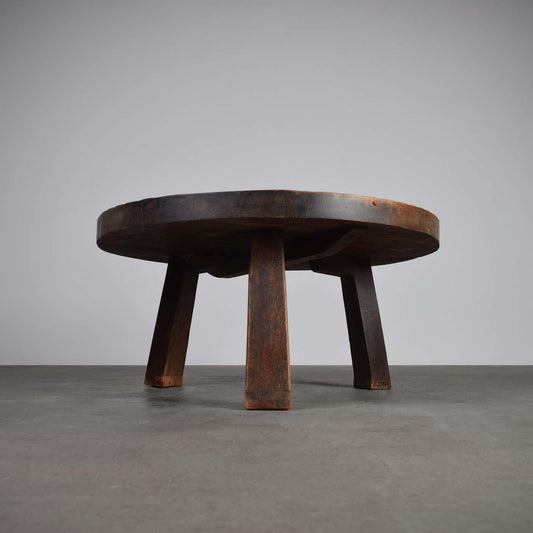 Round Brutalist Tripod Oak Coffee Table 1960s
