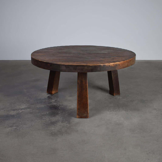 Round Brutalist Tripod Oak Coffee Table 1960s